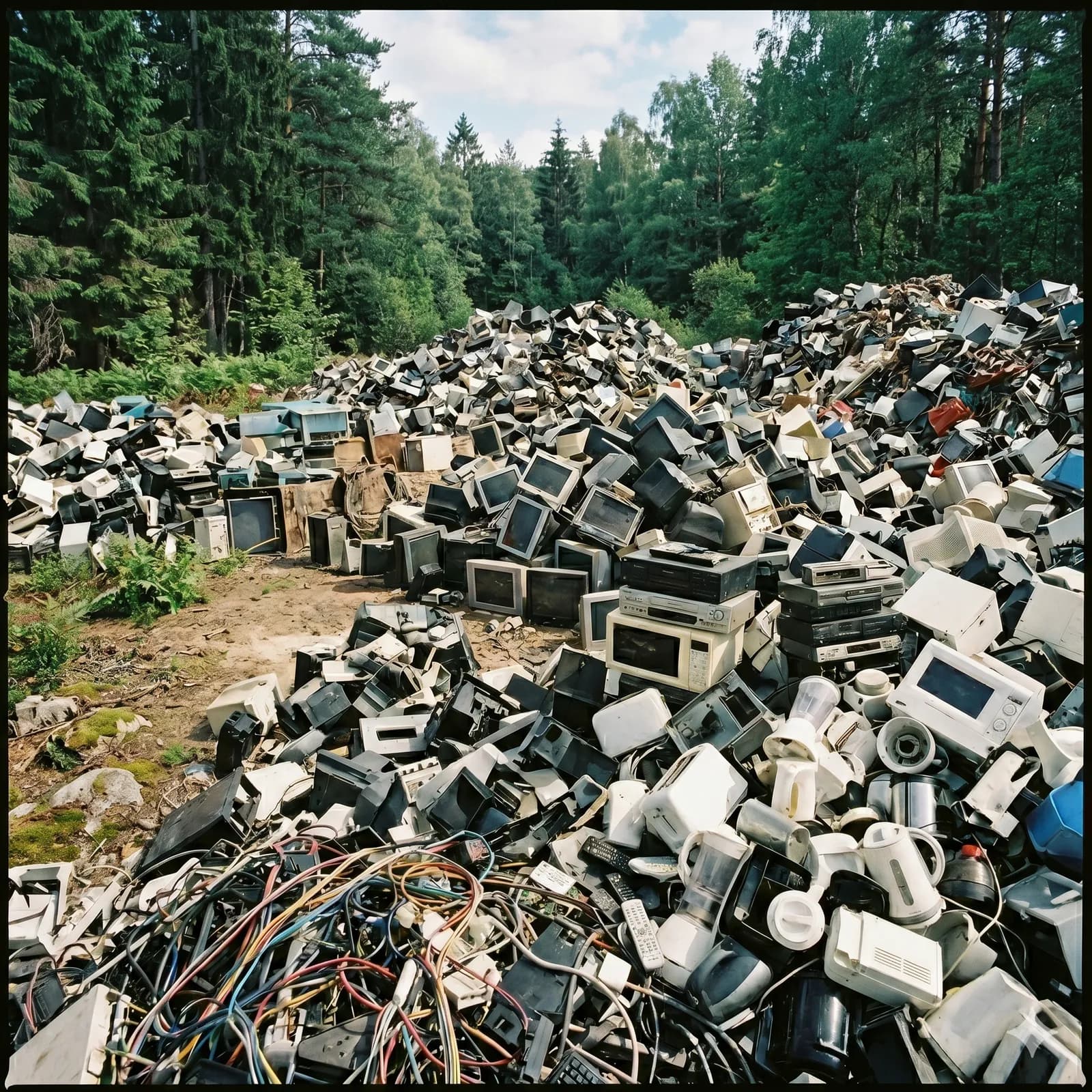 Hromada vyřazené elektroniky a plastového odpadu na skládce